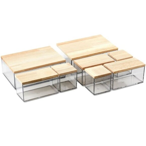 NEW Drawer Desktop Organizer 8 Piece Set Acrylic Clear with Wooden Lids Office - Picture 12 of 14